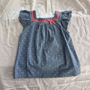 Polka dot chambray toddler girl blouse with pleats and pink ribbon 🎀